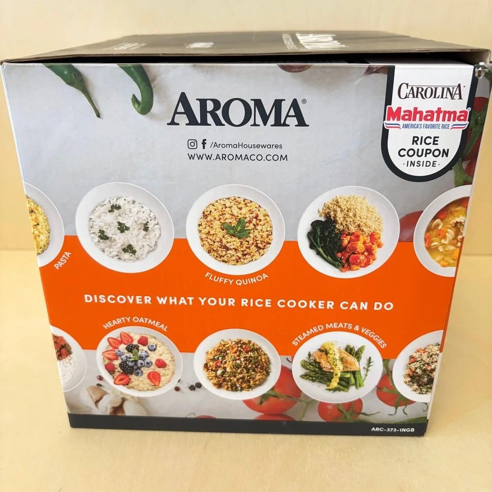 Aroma Rice Grain Cooker 6 Cup Black One-Touch Ceramic Pot 1.5 Quart NEW Open Box